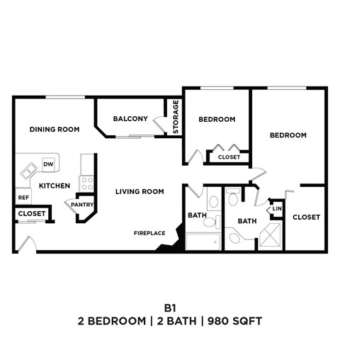 A black and white image of a floor plan for a 2 bedroom, 2 bathroom apartment.